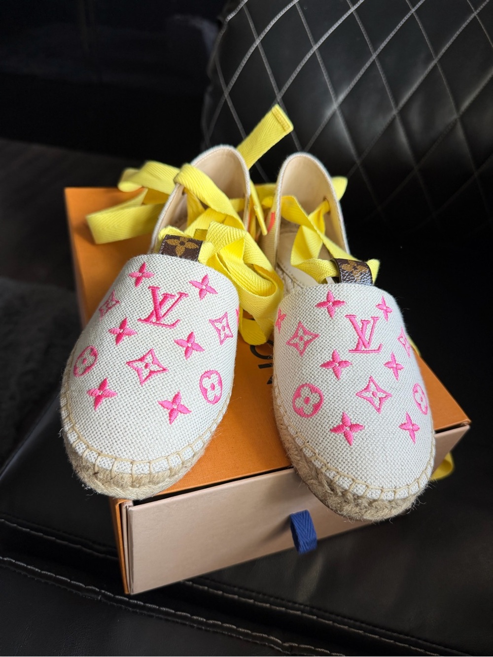 Louis Vuitton Kids White Canvas Espadrilles with Pink Monogram and Yellow Laces